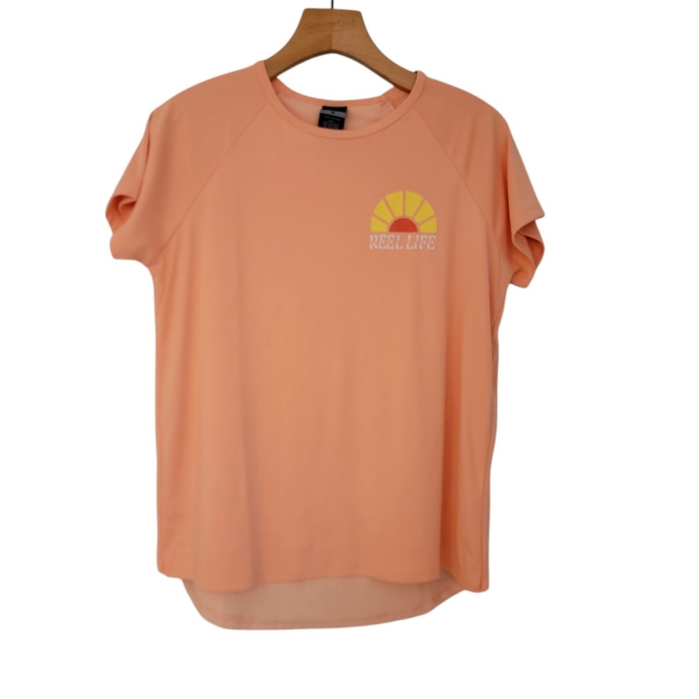 Reel Life Top Ladies' Size M Split Back Graphic Tee Orange Peach Color